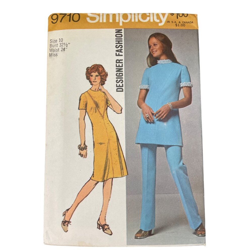 70s Simplicity 9710 Sewing Pattern Size 10 Misses Dress Tunic Pant Vintage UNCUT